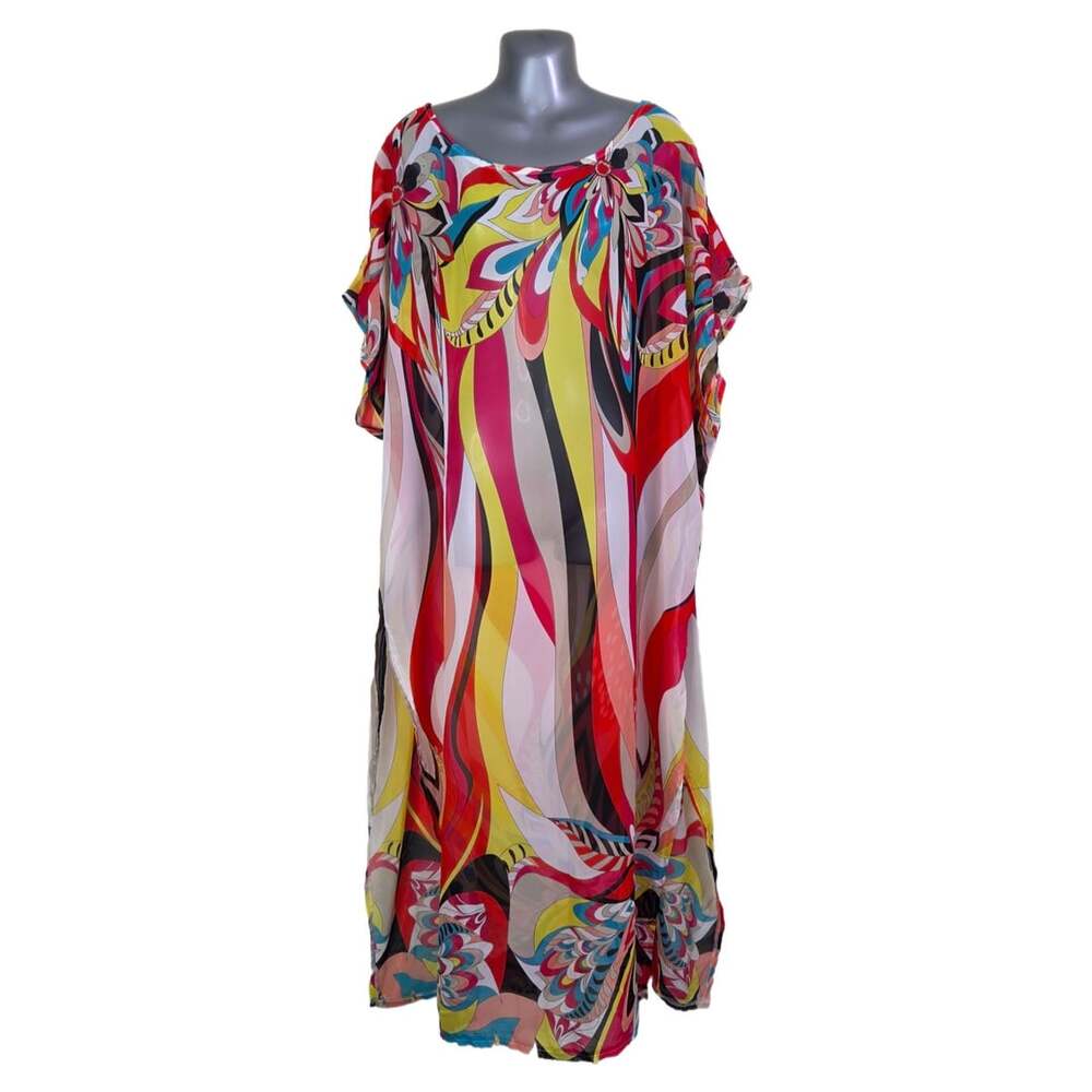 Vintage Retro Colorful Floral Print Chiffon Beach Kaftan Maxi Cover Up One Size